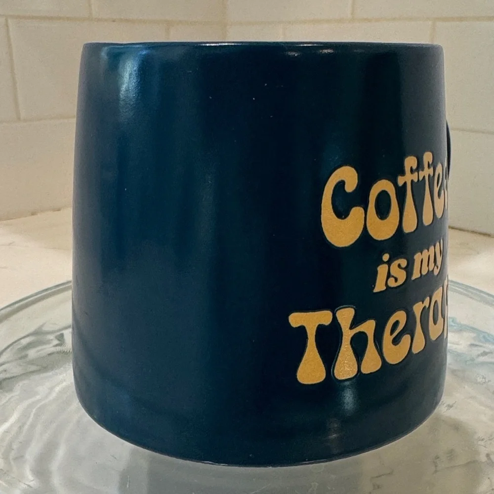 Coffee is My Therapy Navy Blue Coffee Mug with Gold Text